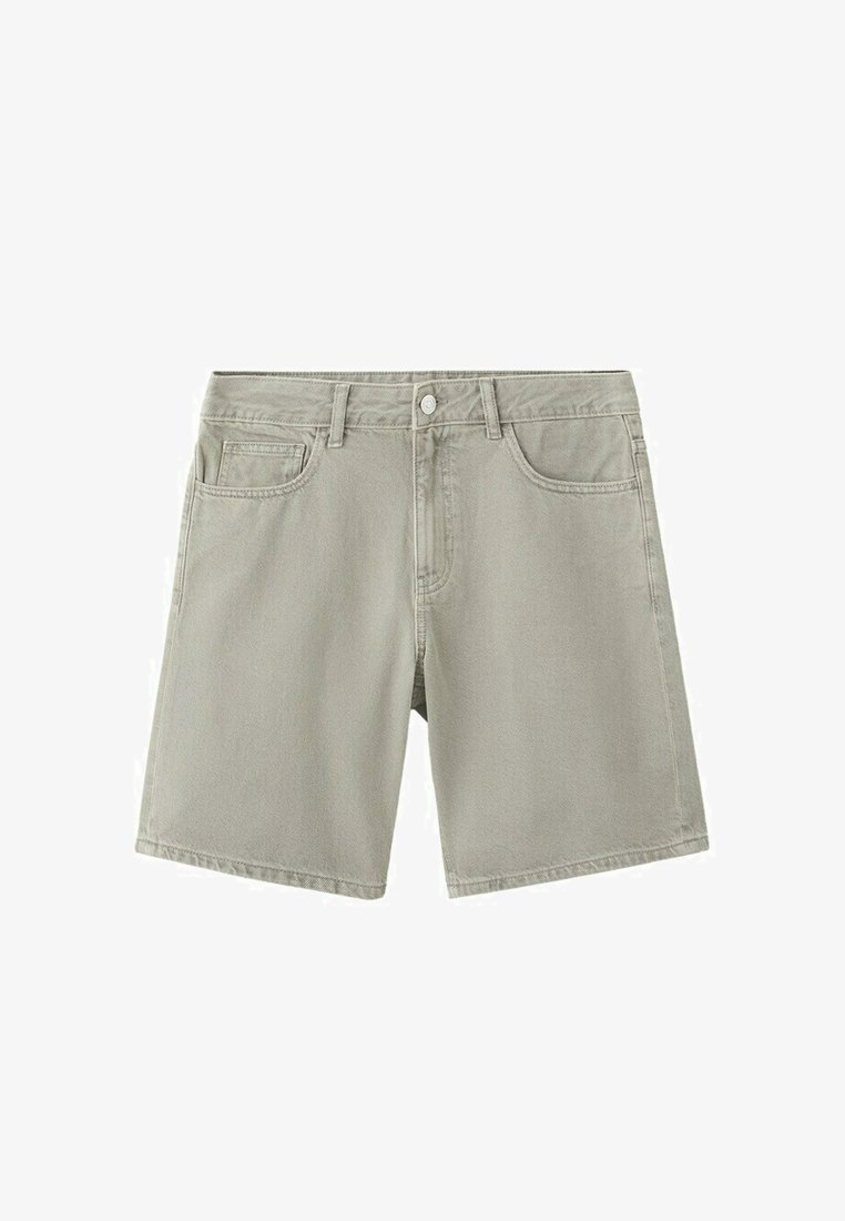 Shorts en jean gris clair avec bouton et fermeture éclair à l'avant, passants pour ceinture, poches avant et poche monnaie.