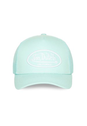 Gorra de béisbol Von Dutch California de color azul claro con parte trasera de malla y visera curva, vista desde el frente.