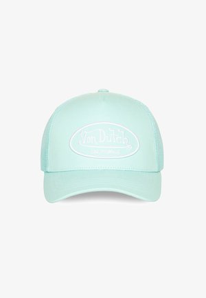 Gorra de béisbol Von Dutch California de color azul claro con parte trasera de malla y visera curva, vista desde el frente.