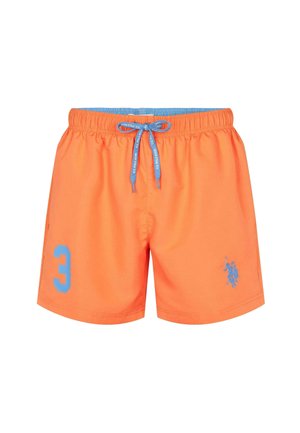 Pomarańczowe kąpielówki z elastycznym paskiem w talii, niebieskim sznurkiem i niebieskim detalem w postaci liczby '3'. Posiadają haftowane logo na dolnej stronie.