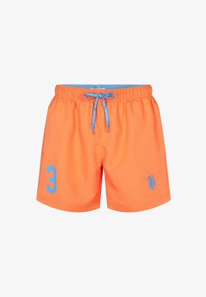 Oranje zwembroek met een elastische tailleband, blauwe trekkoord en blauwe nummer '3' detail. Heeft een geborduurd logo aan de onderzijde.