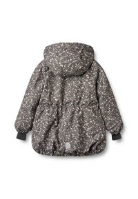 Pilka striukė su gėlių raštu, elastine juosmens dalimi, gaubtu ir surinktais rankogaliais. Audinyje matomos mažos rožinės ir baltos gėlės.