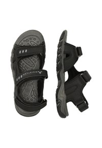 Svarta sandaler med justerbara kardborreband, texturerade gummisulor och en vadderad innersula. Har en sportig design för stabilitet och komfort.