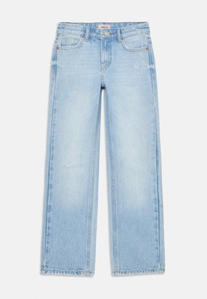 Blugi din denim de culoare albastru deschis, cu croială lejeră, talie medie, picioare drepte și detalii subtile de uzură pe material.