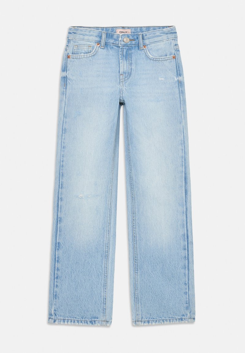 Šviesiai mėlyni džinsai su laisvu siluetu, turintys vidutinio aukščio liemenį, tiesias kojeles ir subtilius dėvėjimosi požymius audinyje.