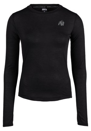 Črna dolgoročna športna majica iz teksturirane tkanine. Ima majhen sivi logo na zgornjem levem prsnem delu in okroglo ovratnico.