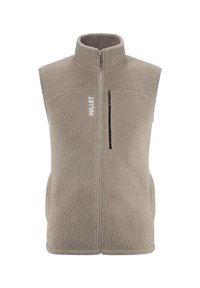 Beige Sherpa-Fleece-Weste mit hohem Kragen, Frontreißverschluss, Reißverschlusstasche auf der Brust und "MILLET"-Logo auf der linken Brust.
