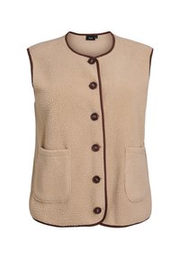 Beige fleece vest med rund halsudskæring, brun kant, fem knapper og to forlommer. Blød tekstur og ærmeløs design.