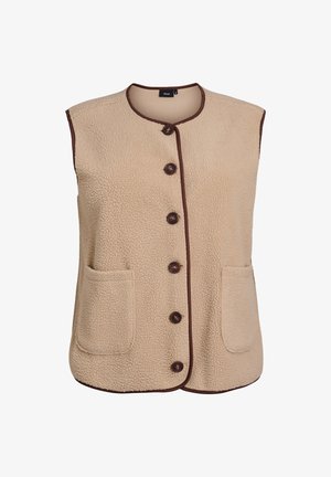 Beige fleeced vest met een ronde halslijn, bruine afwerking, vijf knopen en twee voorzakken. Zachte textuur en mouwloos ontwerp.
