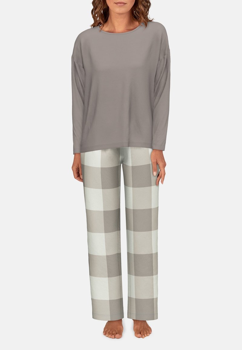 Light gray long-sleeve top paired with loose-fitting cream and taupe checkered pajama pants. Soft fabric with a relaxed fit.