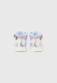 Children's high-top sneakers in purple and white with cartoon character graphics and colorful teardrop-shaped charms on the back.