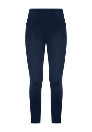 Leggings de mezclilla color azul marino con cintura alta, que cuentan con bolsillos laterales y costuras decorativas a lo largo de las costuras para un detalle adicional.