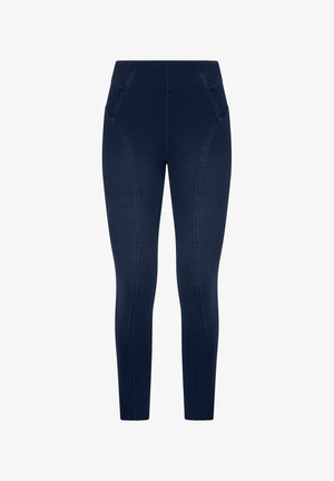 Leggings de mezclilla color azul marino con cintura alta, que cuentan con bolsillos laterales y costuras decorativas a lo largo de las costuras para un detalle adicional.