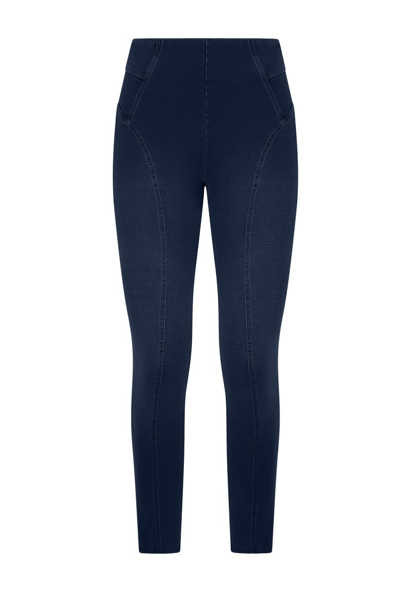 Leggings in denim blu navy con vita alta, dotati di tasche laterali e cuciture decorative lungo le cuciture per un tocco in più.
