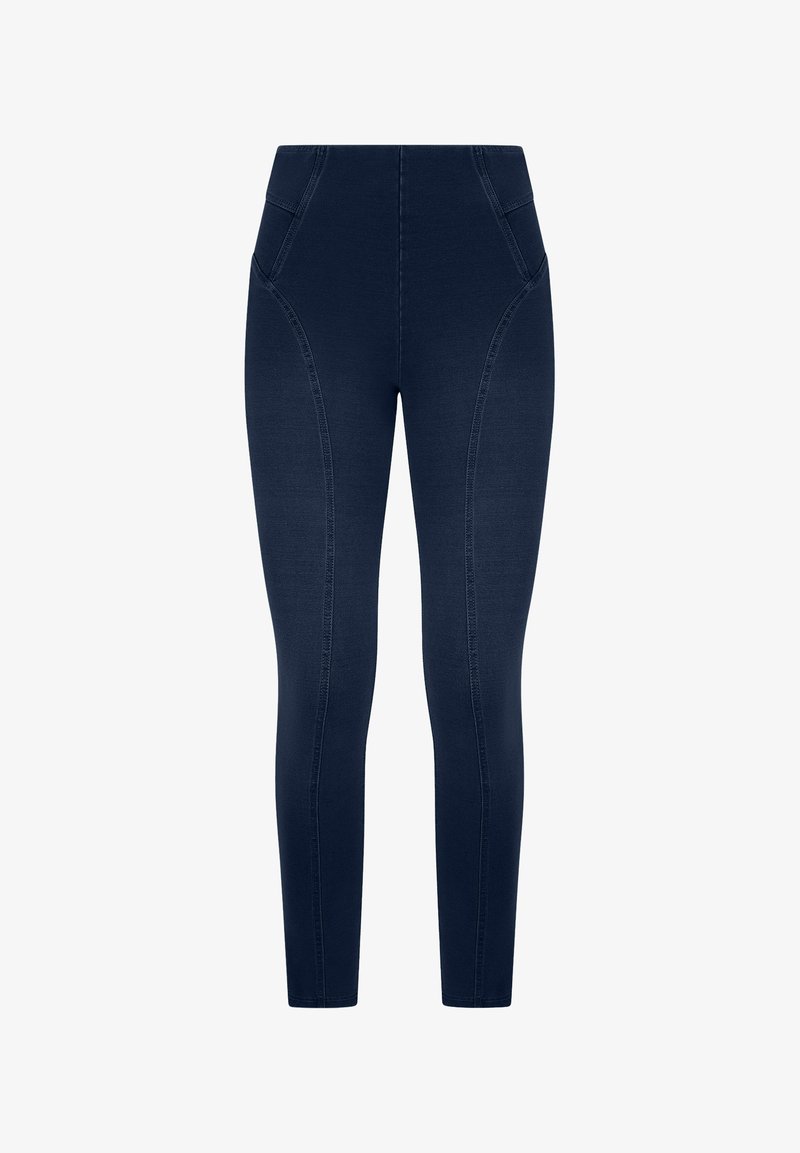 Leggings in denim blu navy con vita alta, dotati di tasche laterali e cuciture decorative lungo le cuciture per un tocco in più.