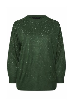 Suéter de color verde oscuro con mangas largas y pequeños clavos plateados dispersos en la parte delantera y las mangas, con puños y dobladillo acanalados.