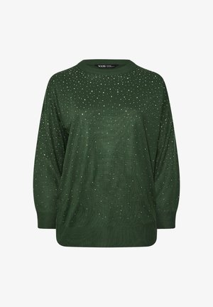 Suéter de color verde oscuro con mangas largas y pequeños clavos plateados dispersos en la parte delantera y las mangas, con puños y dobladillo acanalados.