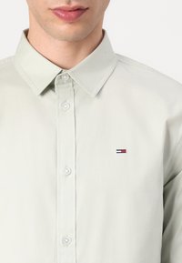 Cămașă button-up verde deschis, fabricată dintr-un material neted, având un guler standard, nasturi transparenți și un mic logo brodat în roșu, alb și albastru.