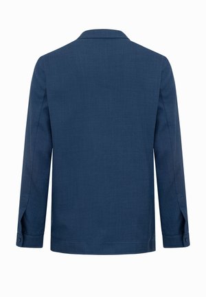 Marineblaues langärmeliges Herrenblazer, von hinten gezeigt, mit geknöpften Manschetten und geradem Saum.