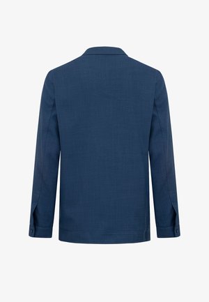 Marineblaues langärmeliges Herrenblazer, von hinten gezeigt, mit geknöpften Manschetten und geradem Saum.