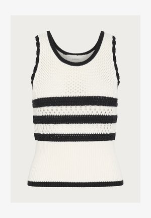 Fehér kötött ujjatlan felső fekete vízszintes csíkokkal, kerek nyakkivágással és texturált, mintás hálós anyaggal. A bordás szegély kiemeli a dizájnt.