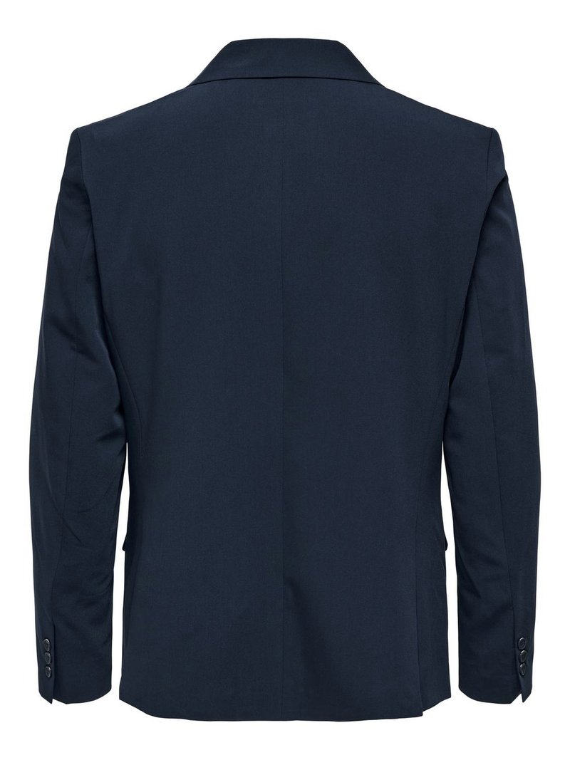 Blazer blu navy con revers a punta e maniche lunghe. Presenta un'apertura singola nella parte posteriore e tre bottoni ai polsini. Nessun dettaglio visibile delle tasche.
