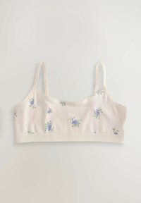 Bralette en coton rose clair avec des motifs floraux bleus délicats. Comprend des bretelles réglables et une finition en dentelle le long du bord supérieur.