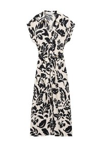 Robe imprimée florale avec un col, des manches courtes, une ceinture à nouer, en noir et crème, présentant de grands motifs de feuilles et de fleurs.