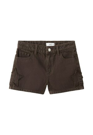 Shorts en denim marron avec bouton à l'avant et fermeture éclair, passants pour ceinture, poches avant, et motifs d'étoile cousus sur chaque jambe.
