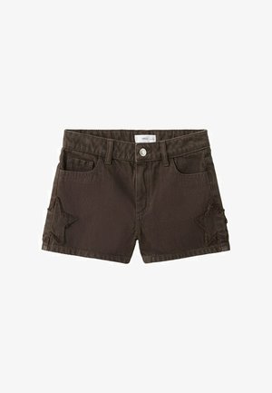 Bruine denim shorts met voorste knoop en ritssluiting, lussen voor een riem, voorzakken en gestikte sterontwerpen op elk been.