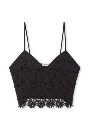 Top corto in pizzo nero con motivi floreali, spalline sottili regolabili e bordo smerlato.