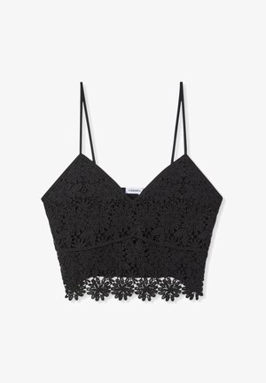 Top corto in pizzo nero con motivi floreali, spalline sottili regolabili e bordo smerlato.