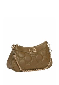 Olivgrünes Handtasche aus Kunstleder mit einem gesteppten sechseckigen Muster, goldfarbener Kettenriemen und dekorativem Logo-Schild. Mit Reißverschluss.