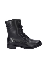 Bottine noire en cuir à lacets avec fermeture éclair latérale, talon bas et col rembourré, conçue pour un usage décontracté et formel.