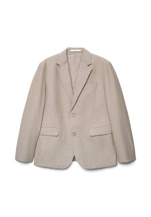 Blazer beige à deux boutons avec revers crantés, poche poitrine et deux poches à rabat à l'avant, confectionné en tissu texturé.