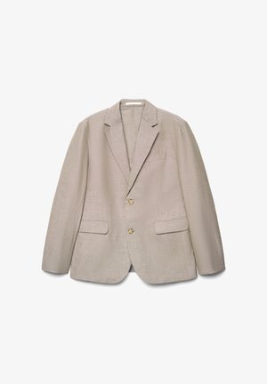 Blazer beige a due bottoni con rever a incavi, taschino sul petto e due tasche frontali con patta, realizzato in tessuto strutturato.