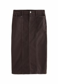 Brauner Jeans-Bleistiftrock mit gerader Silhouette, ausgestattet mit Fronttaschen, einem vorderen Knopfverschluss und sichtbaren Nahtdetails.