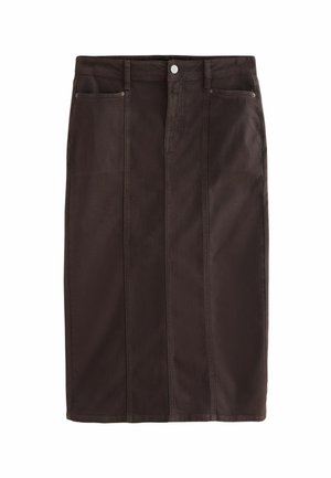 Brown denim pencil skirt with a straight silhouette, featuring front pockets, a front button closure, and visible stitching details.