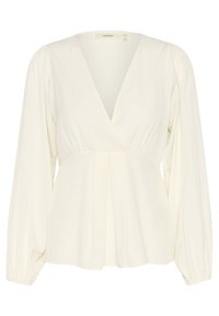 Blusa bianca a maniche lunghe con scollatura a V profonda, vita arricciata e parte anteriore plissettata. Tessuto morbido e fluido con una consistenza liscia.