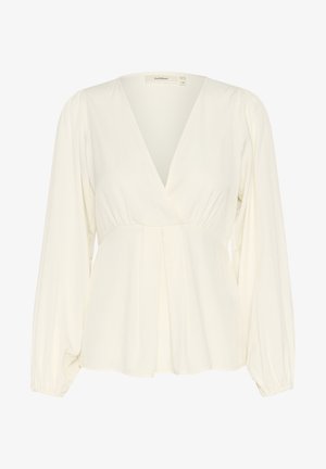 Fehér, hosszú ujjú blúz mély V-nyakkal, ráncolt derékkal és pliszírozott elejével. Puha, folyó anyag, sima textúrával.