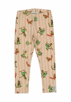 Beige børnetights med lodrette striber og farverige legende prints af katte i grønt tøj og orange egern, der holder agern.
