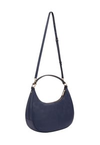 Marineblauwe leren handtas met een gebogen vorm, verstelbare schouderriem en gouden hardwareaccenten. Beschikt over een ritscompartiment en een soepele textuur.