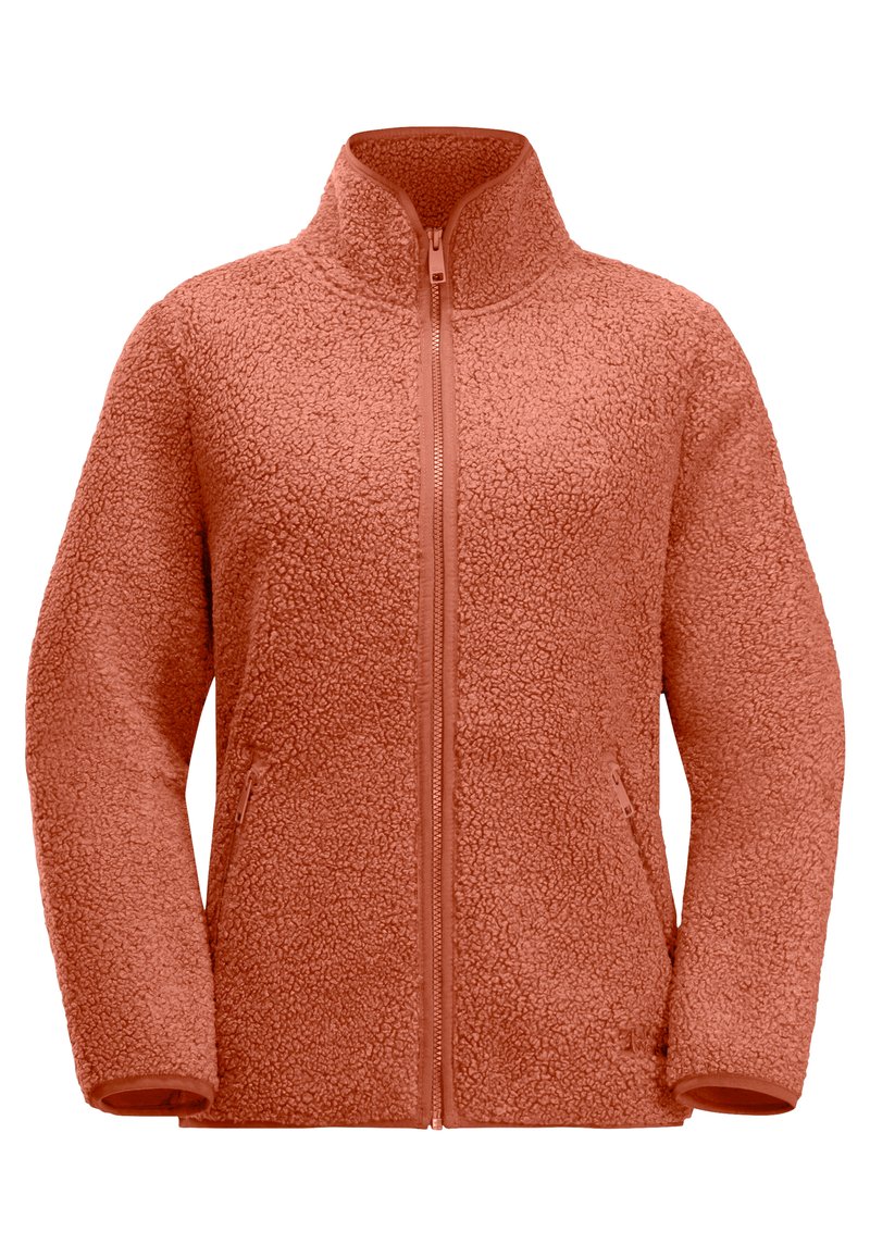 Giacca in pile color corallo, dotata di un colletto alto, zip frontale completa e tasche laterali con zip. Tessuto strutturato con un aspetto morbido e peloso.