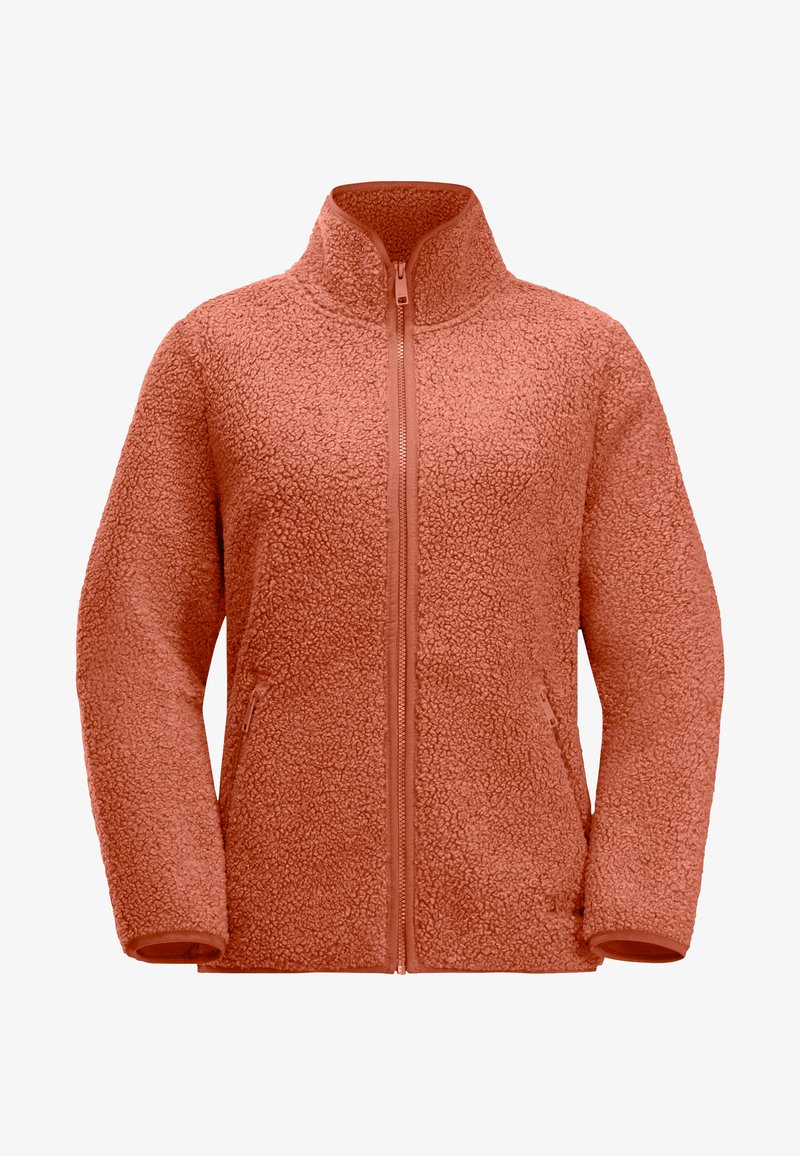 Fleecejacke in Koralle, mit hohem Kragen, durchgehendem Reißverschluss und seitlichen Reißverschlusstaschen. Strukturierten Stoff mit einem weichen, plüschigen Aussehen.