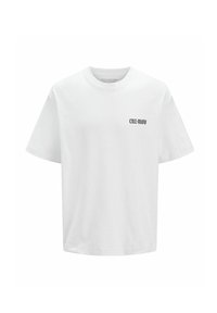 Hvid bomulds T-shirt med rund halsudskæring, korte ærmer og et lille sort "cnz-mov" logo trykt på venstre side.