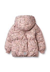 Pikowana różowa kurtka w kwiatowy wzór, z przymocowanym kapturem, ściągaczami na mankietach oraz okrągłym logo na dolnej stronie.