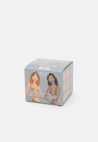 Grå boks merket "Brysttape", med illustrasjoner av to kvinner, med "Magic Bodyfashion"-logo og produktdetaljer i hvit tekst.