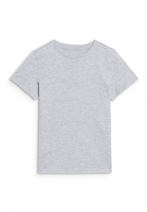 Jasnoszary t-shirt z krótkim rękawem i okrągłym dekoltem, jednokolorowy, położony płasko na białym tle.
