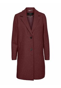 Manteau long bordeaux en tissu texturé, doté d'un col cranté, de deux boutons sur le devant et de manches longues.