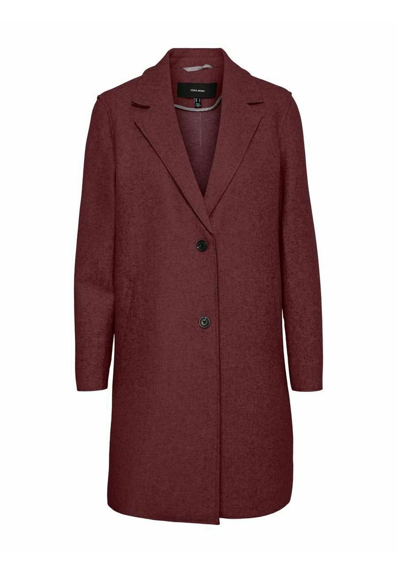 Manteau long bordeaux en tissu texturé, doté d'un col cranté, de deux boutons sur le devant et de manches longues.